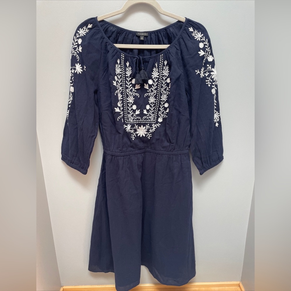 Talbots M Embroidered Gauze A-Line Dress 3/4 Sleeves Indigo/White Cotton Lined - Picture 3 of 8